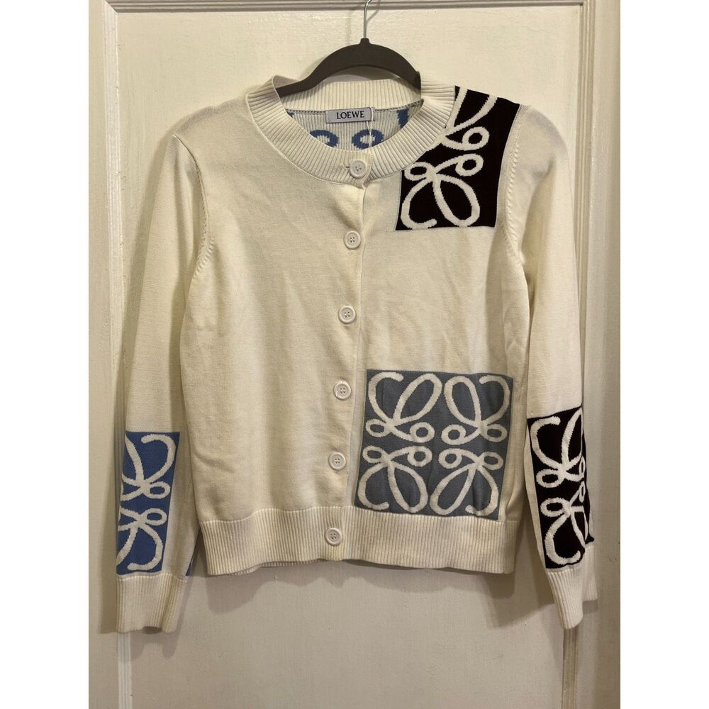 NWOT  LOEWE White Blue Logo Graphic Button Up Cardigan Top  Women's Size Large